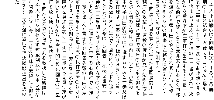 �@���V���̐킢�͂Q���ɓ˓�����B���̎����̂P���Q�����́A�V�̂ɂ͂������Ɗ����܂��B���m�e�L�[���P��\�ɐ搧�U���������Ɍ��܂�B�����A����L�̈��Ԃ��|��񎀂���R�ԐX�������O�łŏo�ۂ���I�S�Ԉ�l�����O�łő����ƂT�Ԉ���G�͂��ԂƂ��l����I�ԂƂU�Ԑ�c������Ă���܂����B�����̍��߂����̂̌����ɍ��z���ɉ^�ԃO�����h�X�����ł����Ȃ�S�_��搧����B
�@�R�񗠂P�_�ڂ�D���}�����S�񗠑O��H���X�̍U���́A�A���̔�ꂪ�����n�߂����{����񂪎l���ƈ��łŖ��ۂ̃s���`���}����Ǝ��Ŏ҂̑ŋ��́A���O�Ƀ����i�[����ԁI�������c�������ɑO�i��������ƈ���y�΂��ŋ��́A�������[���]����O�����h�X���������Ԃ����ꂽ�`�łP�_�̃r�n�C���h��ǂ����ƂƂȂ�B�����́A�T��\�ꎀ��Q�Ԉ���L�����ۊԂ�j��o�ہI�����X���̎����C���h�s�b�`�œ�i����ƐX���̉E�O�łŐ��҂��U��o���ւƖ߂��ƂU��\�擪�̐�c�����O�łŏo�ۂ���Ɩ琡�u�̑�Ő��F�̑���o���g�́A��ۂ����E����ꎀ�ƂȂ邪�����ɗ�����������j��ꎀ��O�ۂ���X�Ԉɓ����ǂ����܂�Ȃ�����E���ԃw�N���񐶂̓�ۑł���������z���ɐ�������B
�@�T�񂩂�攭���{�������~�������ɗ��́A���V���ɂ��ւ�炸���А����Ƃ��\�����Ȃ��ԈႢ�Ȃ����N��Ԃ̓����Ŗ����_�ɗ}���}�X�^�[�Y�\�I�ɑ����ď�������i�o�����߂�.

